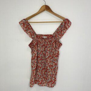 Loft - Wide Strap Tank Top, Yellow/ Red/ Burnt Orange, Floral, Size M